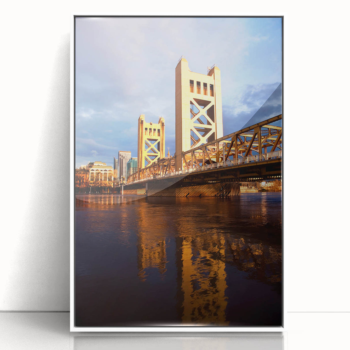 Art deco poster of Sacramento skyline in muted gray and blue tones on framed acrylic, ideal for modern art wall decor.
