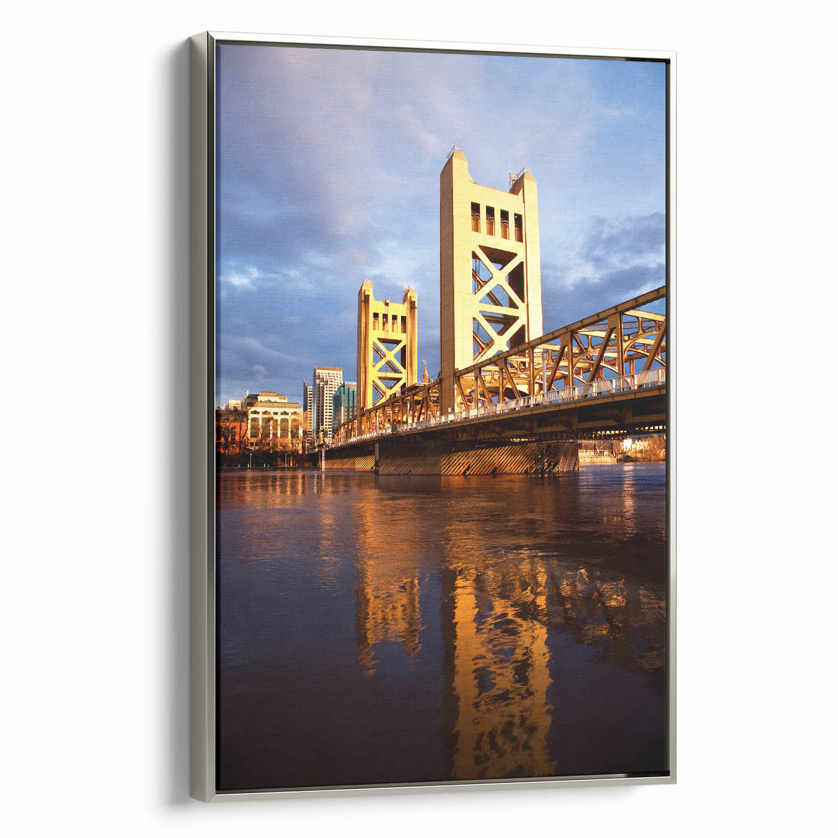 Framed canvas featuring a vintage-style landscape painting of Sacramento with a silver frame, ideal for living room decor.