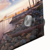 Large abstract wall art of San Diego scenery in mid-century modernist style on acrylic, ideal for dining room art.