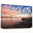 Acrylic print of a large abstract depiction of San Diego skyline in muted blue and orange tones.