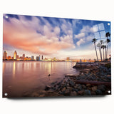 Acrylic print of a large abstract depiction of San Diego skyline in muted blue and orange tones.