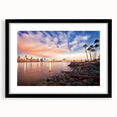 Abstract art print of a colorful San Diego scene in vibrant hues on a large framed canvas, ideal for living room decor.