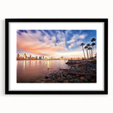 Abstract art print of a colorful San Diego scene in vibrant hues on a large framed canvas, ideal for living room decor.