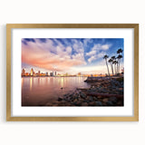 Extra large abstract art print of San Diego scenery in muted earth tones, framed in gold, ideal for living room decor.