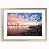Textured abstract art print of San Diego scenery in muted earth tones on a framed canvas, ideal for bedroom decor.