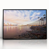 Large abstract wall art of San Diego skyline in muted earth tones on a framed acrylic, ideal for modern office decor.