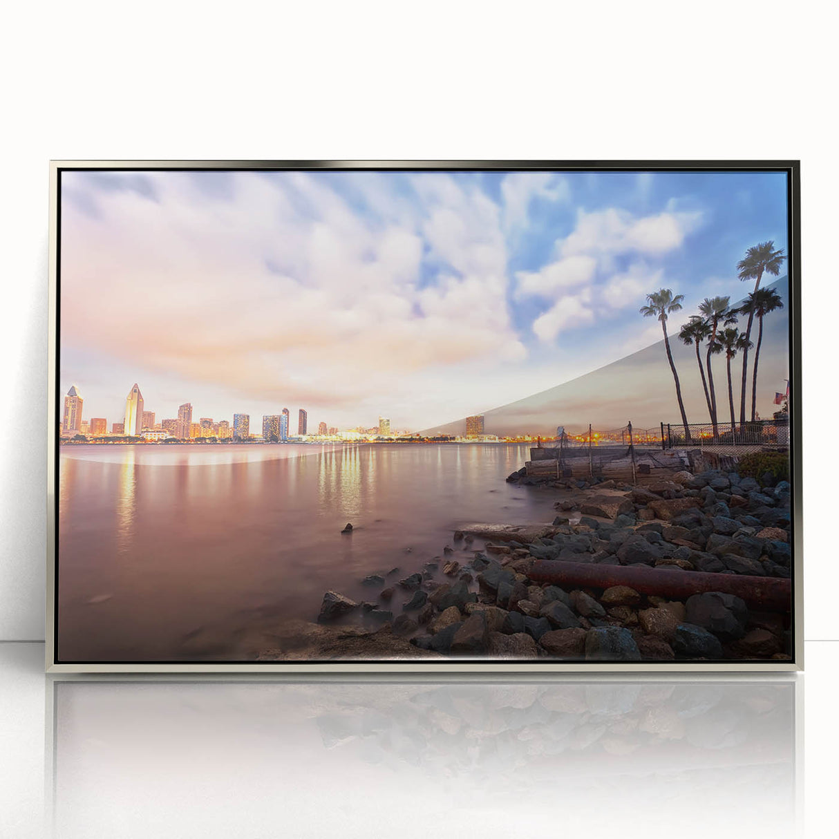 Mid-century modernist art of San Diego skyline in muted blue and silver hues on a framed acrylic print.