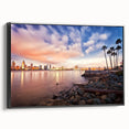 Black and white framed canvas of San Diego landscape, ideal for bedroom wall art in a vintage poster style.