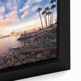 Extra large framed canvas depicting a black textured depiction of the San Diego skyline with colorful art accents.