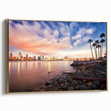 Framed canvas of a vintage-style San Diego landscape in black and gold tones, ideal for bedroom wall art.