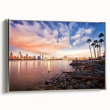 Framed canvas landscape art painting of San Diego with vibrant colors, ideal for enhancing a living room's decor.