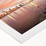 Art deco poster of San Diego skyline in muted blue and gray tones on rolled canvas, suitable for dining room wall art.