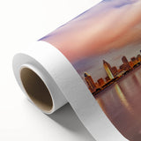 Art deco poster of San Diego skyline in pastel shades on rolled canvas, ideal for nursery wall art.