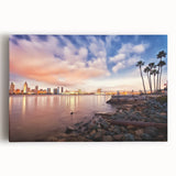 Black and white stretched canvas of the San Diego skyline, ideal for kitchen wall art.