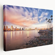 Side view of a stretched canvas featuring a scenic depiction of San Diego with muted blue and white tones.