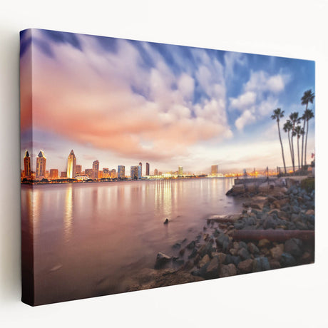 Side view of a stretched canvas featuring a scenic depiction of San Diego with muted blue and white tones.