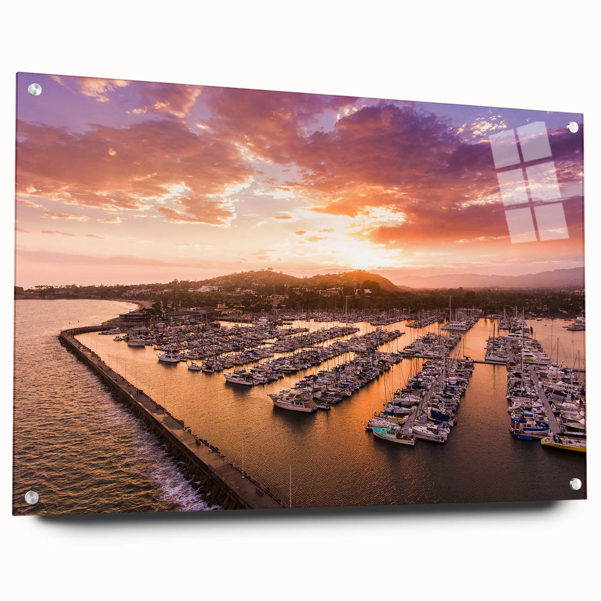 Acrylic print of a Santa Barbara landscape in muted earth tones, ideal for dining room decor.