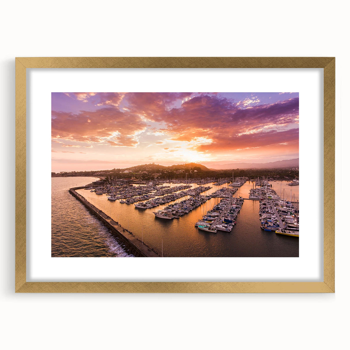 Extra large abstract art print of Santa Barbara coastline in muted blue and gray tones on a framed canvas.
