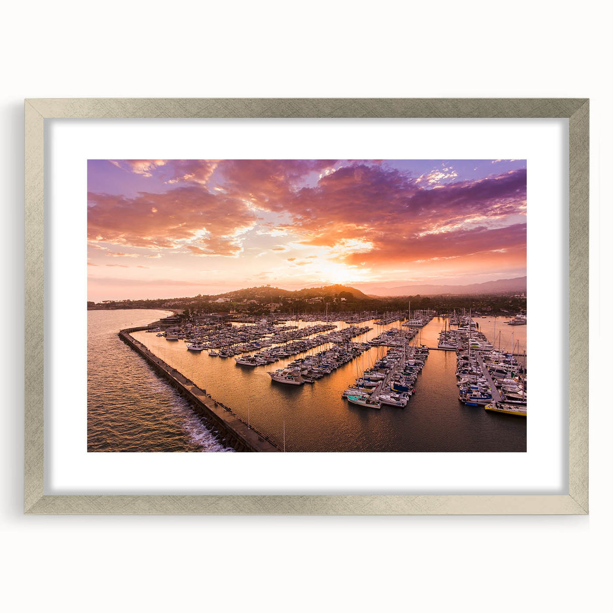 Textured abstract art print of Santa Barbara scenery in muted earth tones, framed in silver, ideal for bedroom art decor.