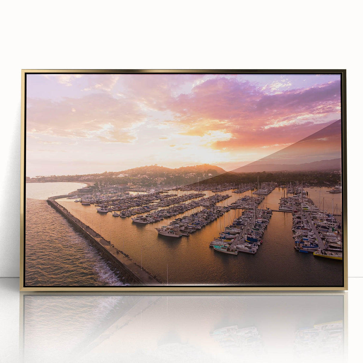 Large art print of Santa Barbara scenery in mid-century modernist style, acrylic framed in gold.
