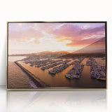 Large art print of Santa Barbara scenery in mid-century modernist style, acrylic framed in gold.