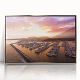 Mid-century modernist art of Santa Barbara landscape in acrylic, with muted earth tones, framed in silver.