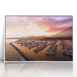 Art deco poster of Santa Barbara scenery in muted blue and white tones on framed acrylic.