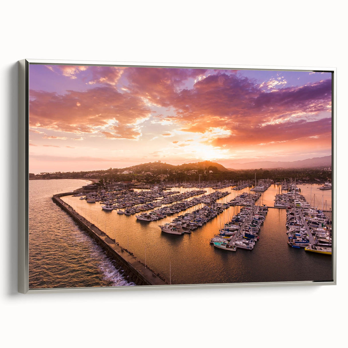 Framed canvas landscape art painting of Santa Barbara with colorful, vintage-style design.