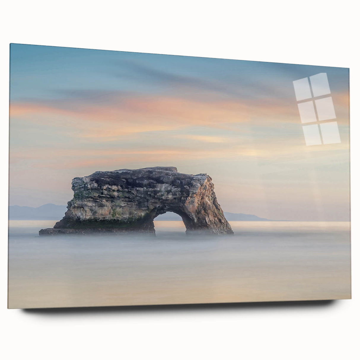 Large abstract wall art of Santa Cruz in muted blue and green tones on acrylic glass, ideal for dining room ambiance.