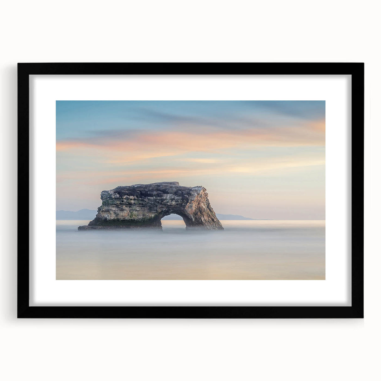 Colorful abstract art print of Santa Cruz scenery on textured canvas, framed in black, suitable for large living room walls.