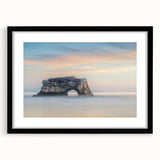 Colorful abstract art print of Santa Cruz scenery on textured canvas, framed in black, suitable for large living room walls.
