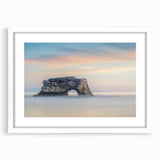 Abstract art print of Santa Cruz with muted blue and gray tones on a framed white mat, ideal for dining room decor.