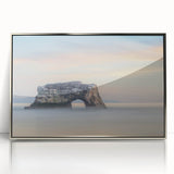 Mid-century modernist art of Santa Cruz coastline in muted blue and gray tones on a silver-framed acrylic print.