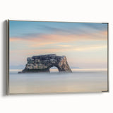 Landscape art painting of Santa Cruz with colorful palette, displayed in a black vintage-style frame.