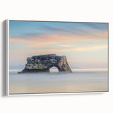 Vintage poster art of Santa Cruz with colorful imagery on a large framed canvas, ideal for living room decor.
