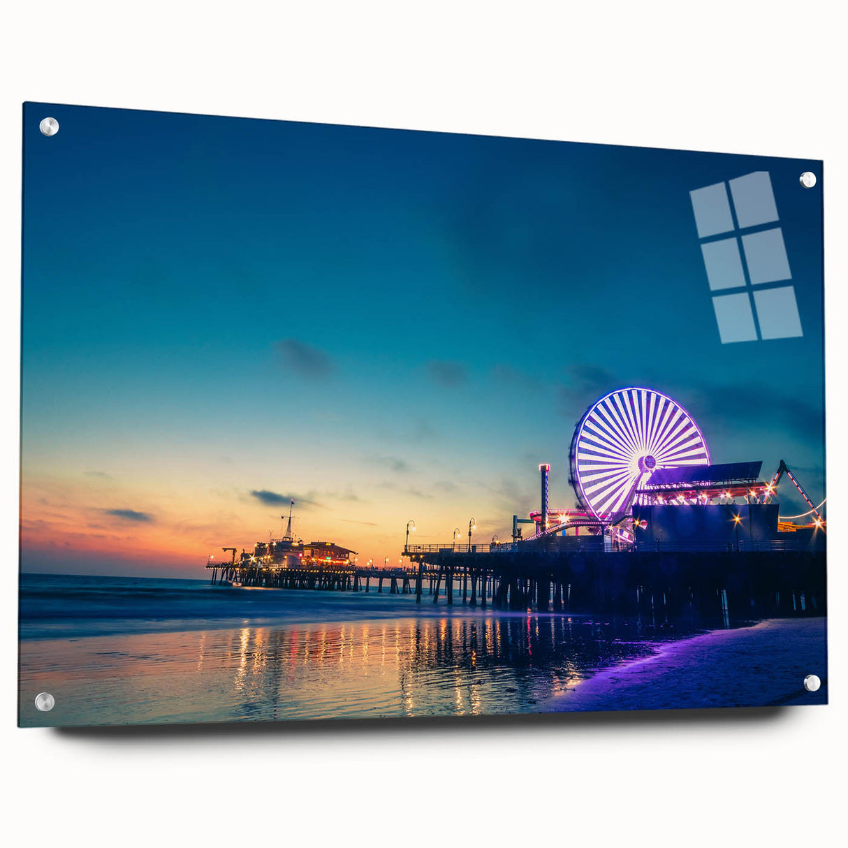 Acrylic print of Santa Monica scenery in muted blue and beige tones, ideal for bedroom or dining room decor.