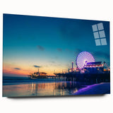 Large abstract wall art of Santa Monica scenery in muted blue and orange tones on acrylic glass.