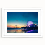 Abstract art print of Santa Monica in pastel shades on a white framed canvas, ideal for dining room decor.