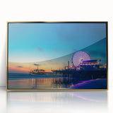 Mid-century modernist Santa Monica landscape in muted gold and blue on framed acrylic, ideal for modern art wall decor.