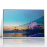 Art deco poster of Santa Monica scenery in muted blue and white tones, framed acrylic.