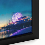 Extra large framed canvas of a textured, colorful Santa Monica scenery in black, ideal for living room decor.