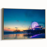 Framed canvas of a vintage-style Santa Monica landscape in black and gold tones, ideal for bedroom wall art.