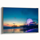 Framed canvas of a vintage Santa Monica landscape painting, featuring colorful art on a black background.