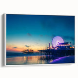 Vintage poster art of Santa Monica in vibrant colors on a large framed canvas, ideal for living room decor.