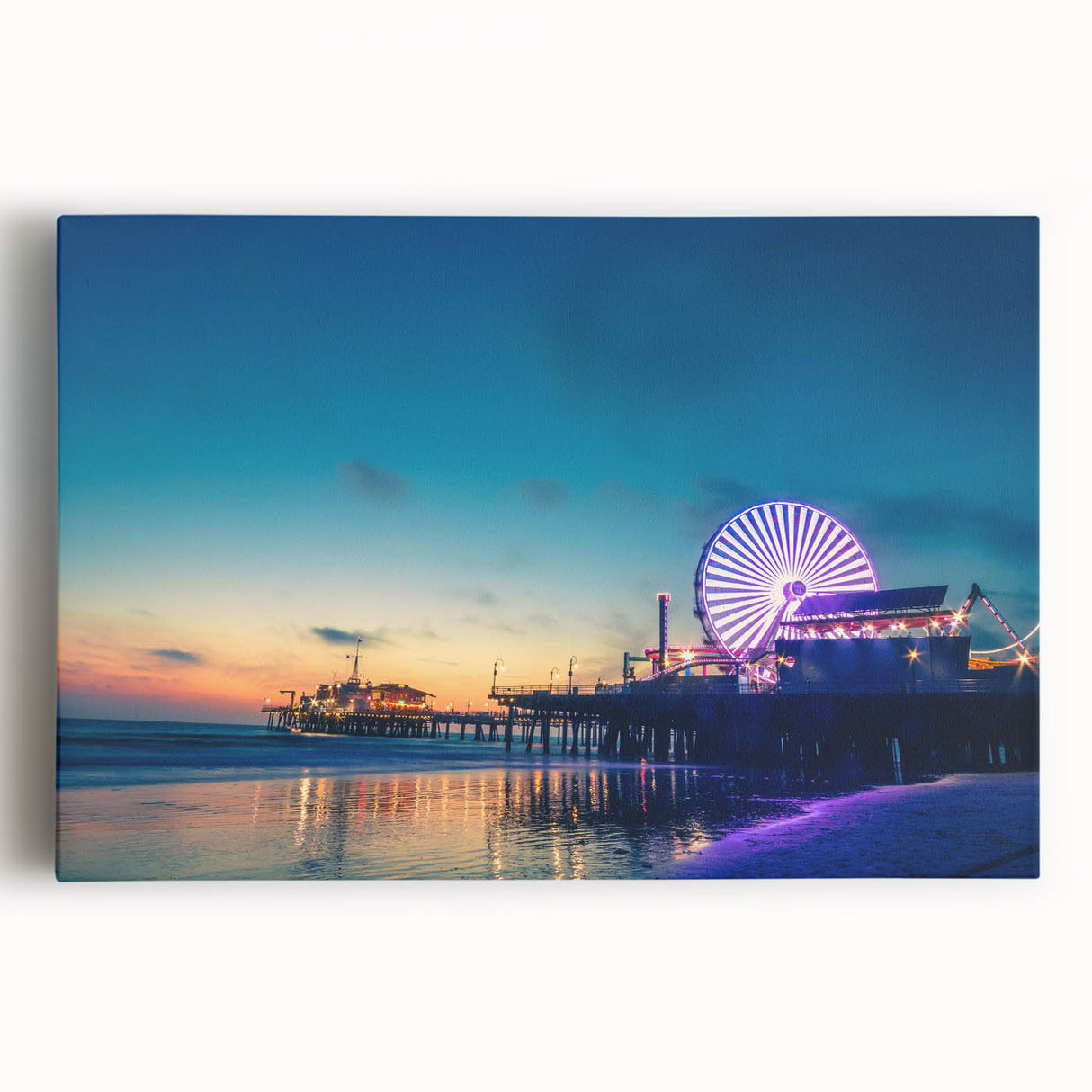 Black and white photo of Santa Monica Pier on stretched canvas, suitable for kitchen art.