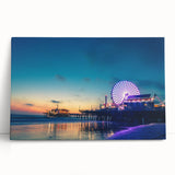 Black and white photograph of Santa Monica pier on stretched canvas, ideal for kitchen wall art.