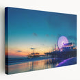 Side view of a stretched canvas featuring a realistic depiction of Santa Monica scenery in muted oceanic blues.