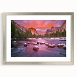 Textured art print of Yosemite scenery in abstract style, framed in silver, ideal for bedroom wall decor.