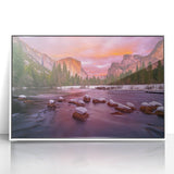 Acrylic print of Yosemite scenery in muted earth tones, framed in white, suitable for modern art wall decor.
