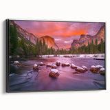 Black and white framed canvas of Yosemite landscape, ideal for bedroom wall art in vintage poster style.